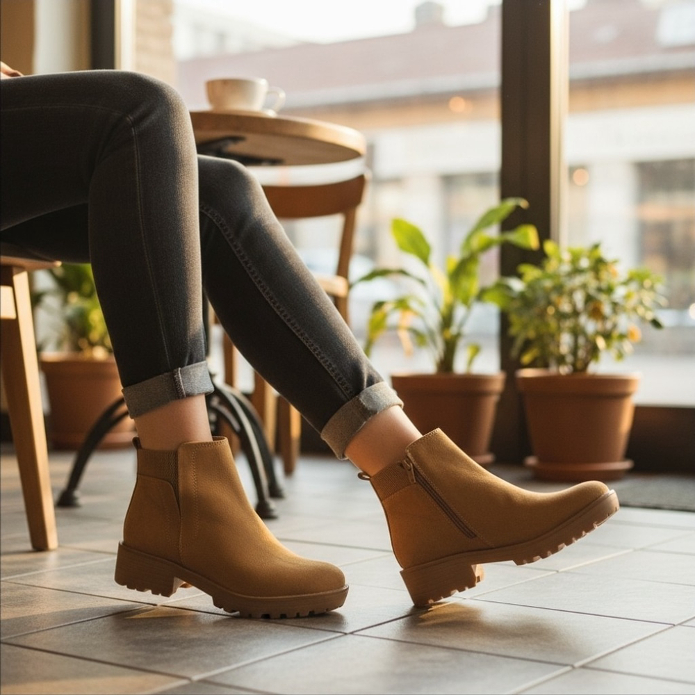 Sun + Stone Faux Microsuede Chelsea Zip On Lug Boots Booties - 7 M Camel Beige